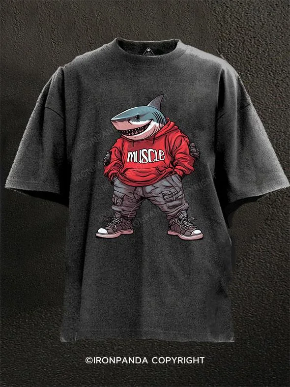 Retro Style T-shirt-Muscle shark Washed Gym Shirt