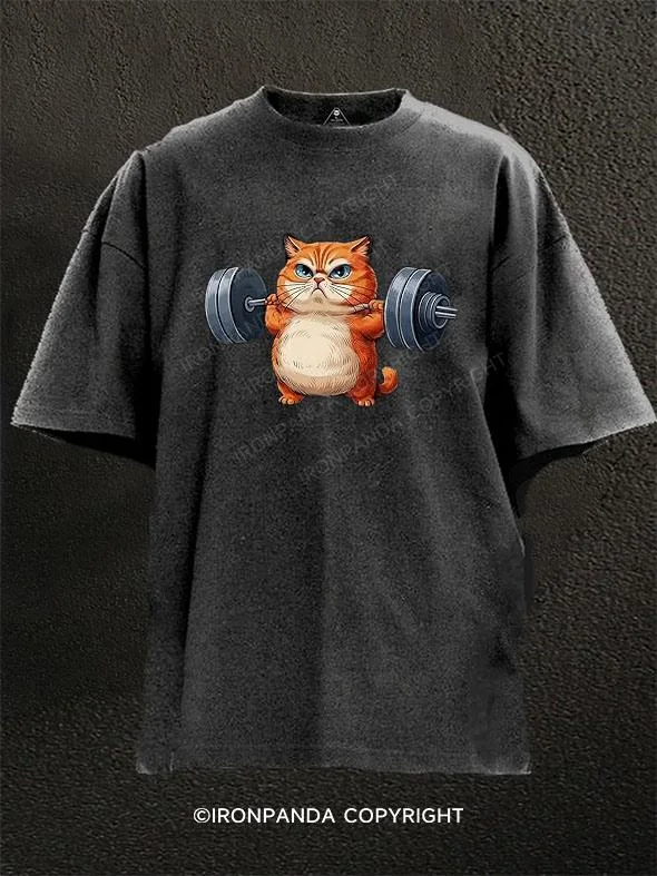 Casual Chic T-shirt-Cat Weightlifting Washed Gym Shirt