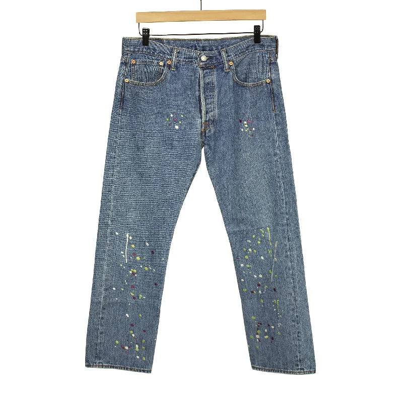 Casual Weekend Pants-Vintage Levis 501 jeans with embroidered paint splatter, medium wash