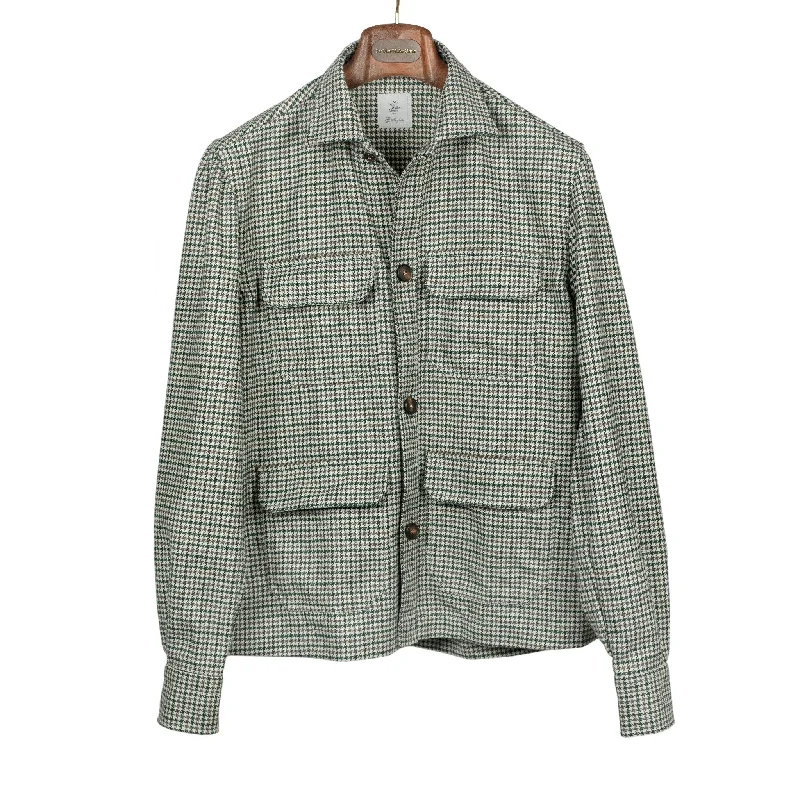 Warm Fur-lined Jacket-"Giubbottino" shirt jacket in beige, green and taupe houndstooth wool