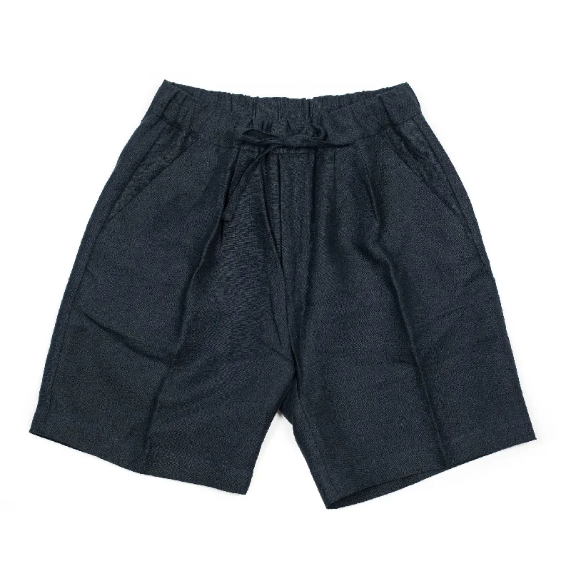 Soft Fleece Shorts-Pleated drawstring shorts in navy midweight linen (restock)