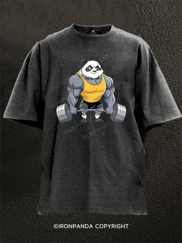 Pastel Color T-shirt-Strong Panda Lifting Weights Washed Gym Shirt