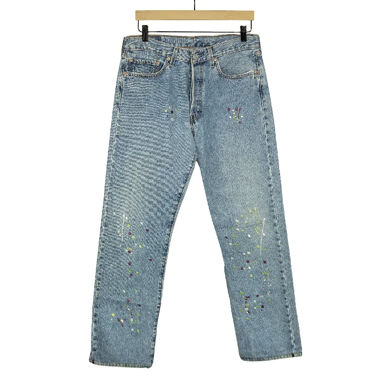 Relaxed Fit Sports Pants-Vintage Levis 501 jeans with embroidered paint splatter, light wash