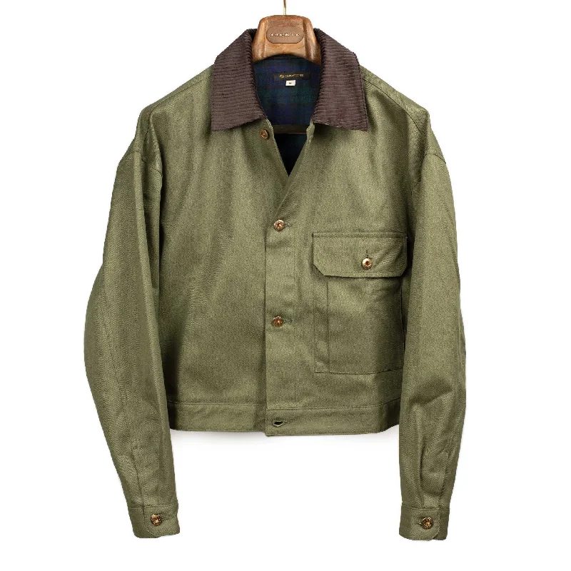 All-weather Outdoor Jacket-Military trucker jacket in olive cotton herringbone twill