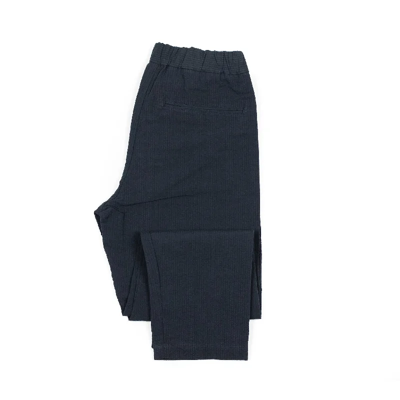 Stylish Velvet Pants-Easy pants in dark navy striped cotton linen seersucker