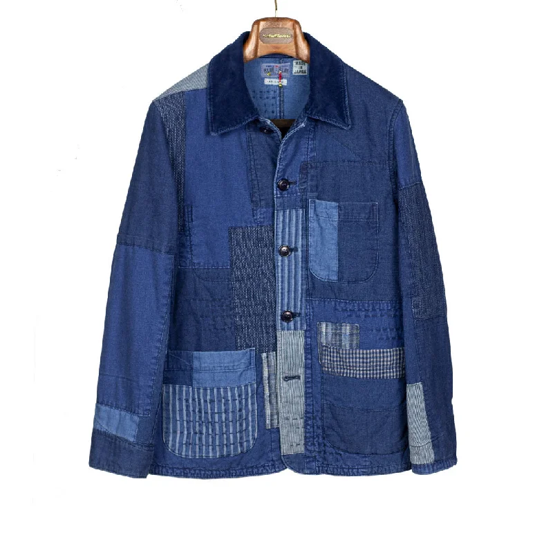 High-performance Running Jacket-Indigo dyed patchwork coverall jacket in flannel-lined cotton canvas