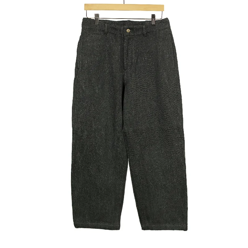 Soft Cotton Pajama Pants-Flat front trousers in black slubby handwoven cotton denim