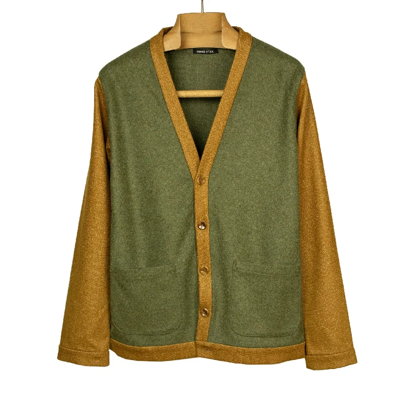 Waterproof Rain Jacket-V-neck cardigan jacket in green and brown mixed loden wool