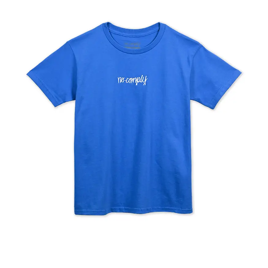 Cool Quote T-shirt-No-Comply Embroidered Script Youth Tee Shirt - Royal Blue