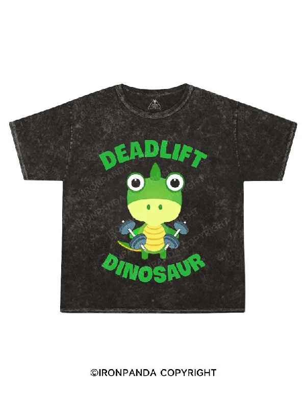 Eco-friendly Printed T-shirt-Deadlift dinosaur Kids Washed T-Shirt