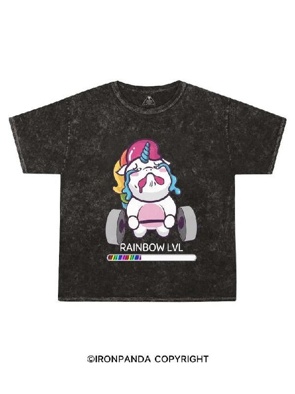 Black And White T-shirt-Unicorn Rainbow Level  Kids Washed T-Shirt