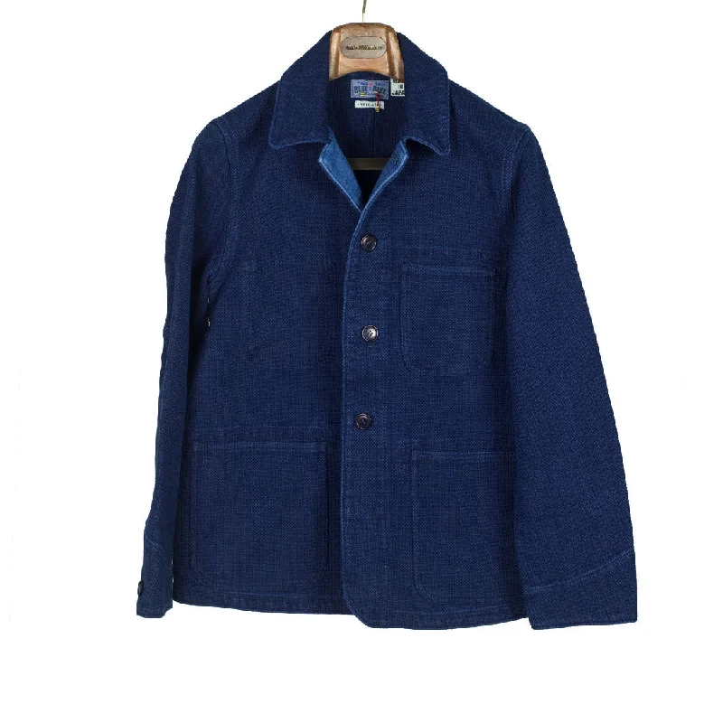 Zip-front Utility Jacket-Yarn dyed indigo "sashiko" washed coverall jacket