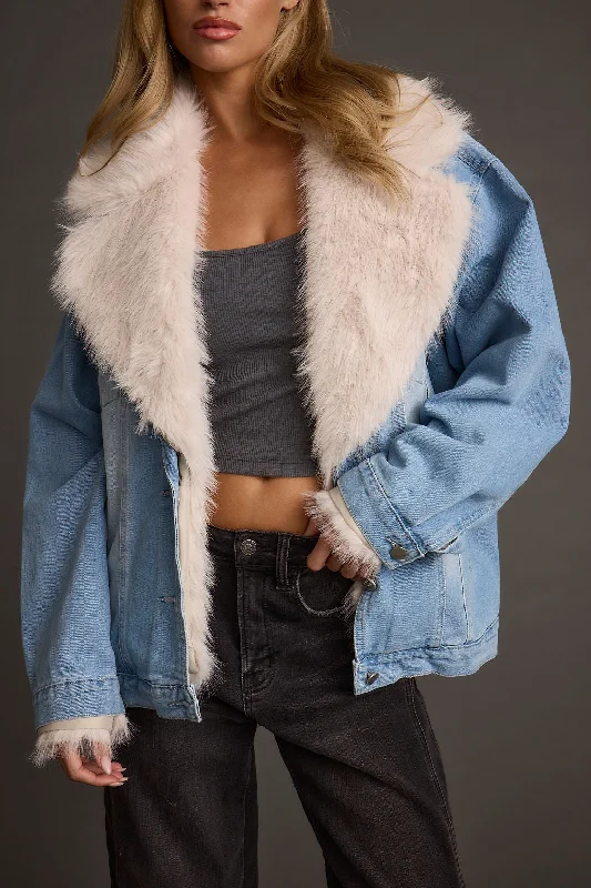 Retro Style Jacket-Rylee Denim Jacket with Faux Fur Trim