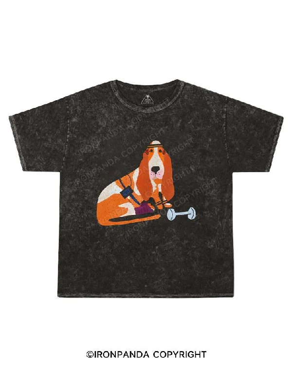 Tropical Print T-shirt-Basset Hound Working Out Kids Washed T-Shirt