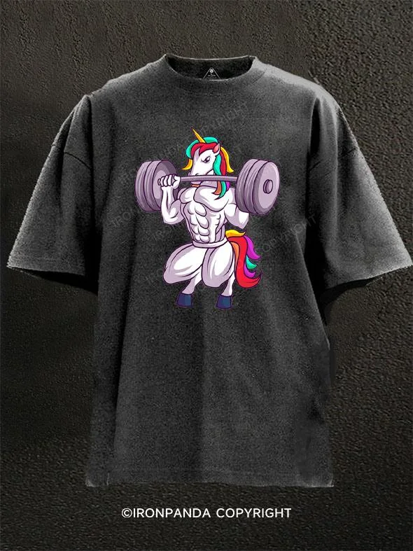 Funny Birthday T-shirt-Unicorn Lifting Weights Washed Gym Shirt