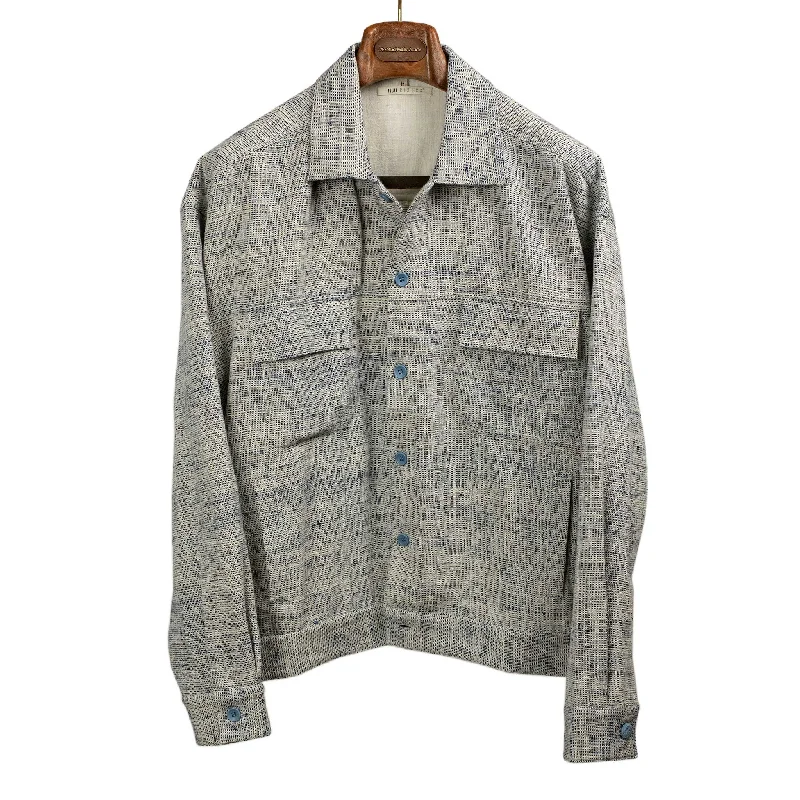 Warm Winter Puffer Jacket-Gleam trucker jacket in ecru and indigo hand-crafted cotton