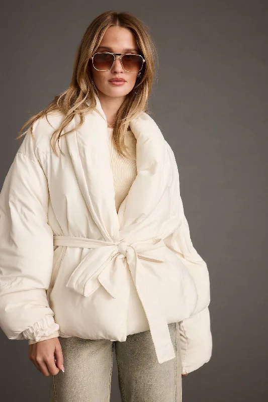 Comfy Sherpa Lined Jacket-Maverick White Belted Puffer Coat