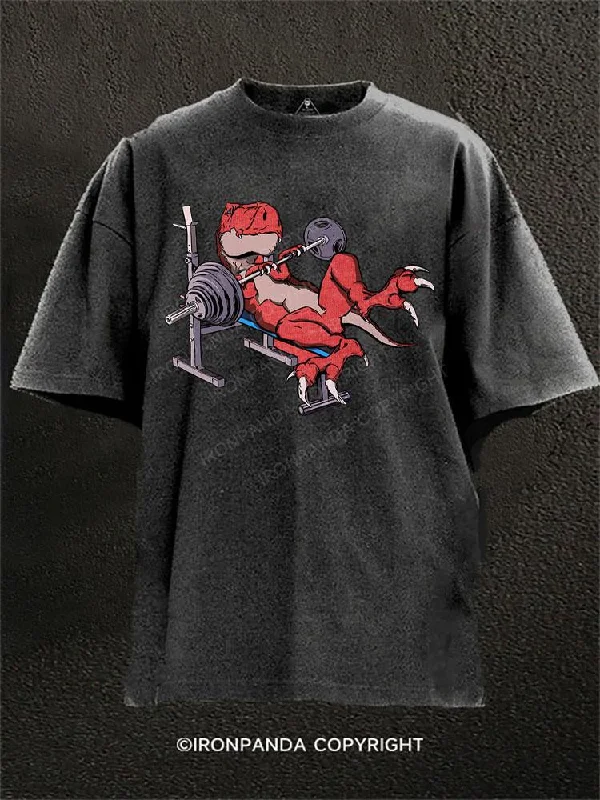 T-shirt For Streetwear Fashion-Weight Lifting Dinosaur Washed Gym Shirt