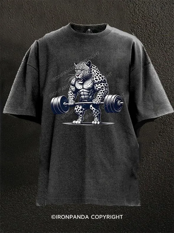 Retro Style T-shirt-Weightlifting  leopard Washed Gym Shirt