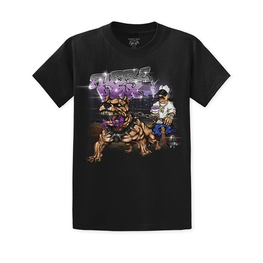 Graphic Print T-shirt-Purple Wax Dog Walk Tee Shirt - Black