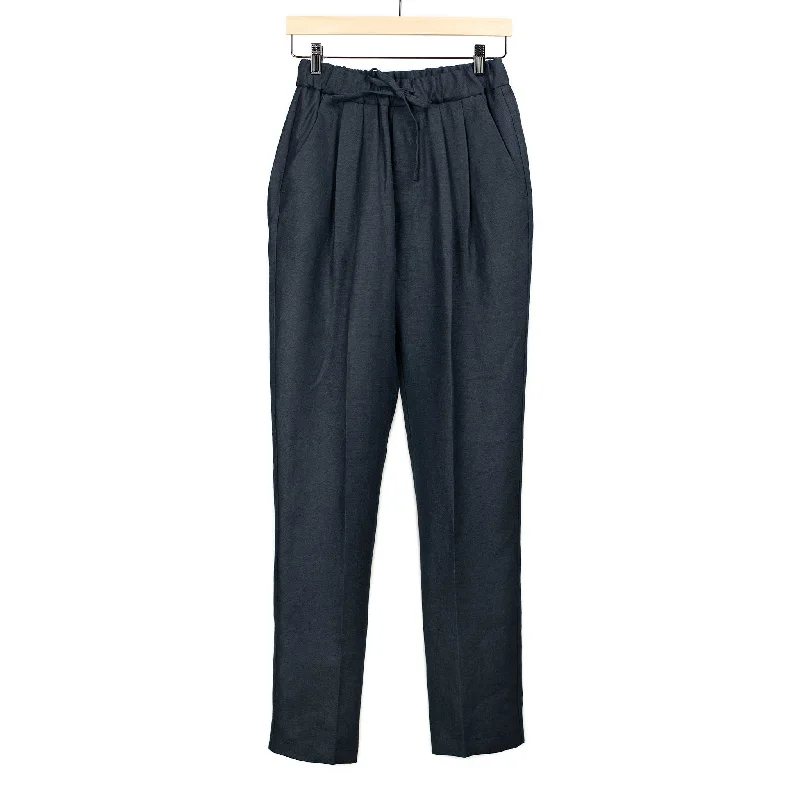 Cool Patterned Pants-Pleated drawstring pants in navy midweight linen (restock)