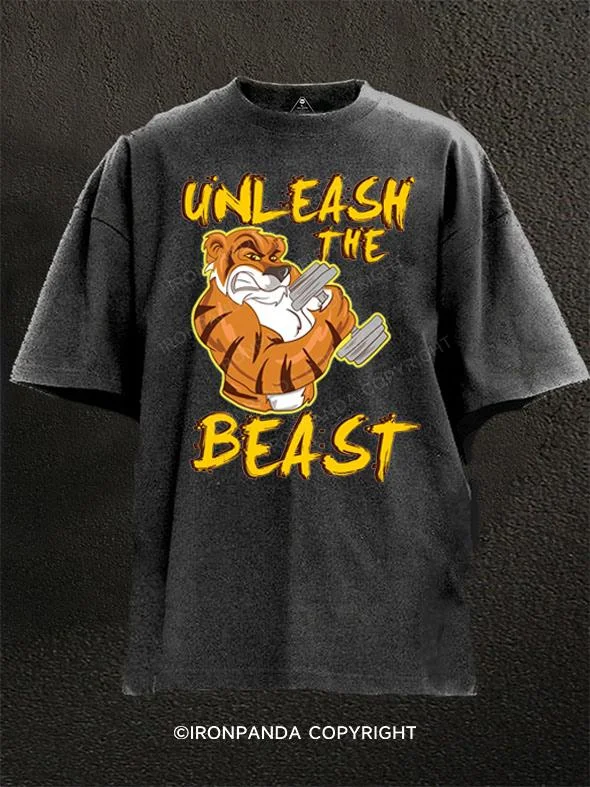 Funny Graphic T-shirt-unleash the beast tiger Washed Gym Shirt