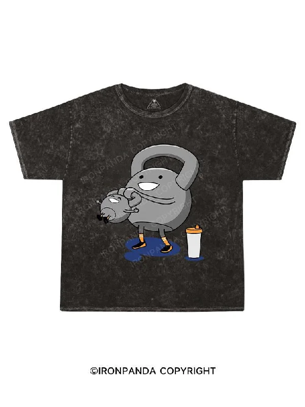 Oversized Vintage Graphic T-shirt-Kettlebell Swinging Baby Kettlebell Kids Washed T-Shirt