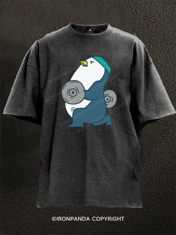 Soft T-shirt Fabric-Penguin doing Fitness Washed Gym Shirt