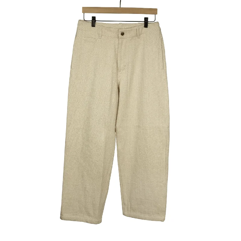 All-season Track Pants-Flat front trousers in natural slubby handwoven cotton denim