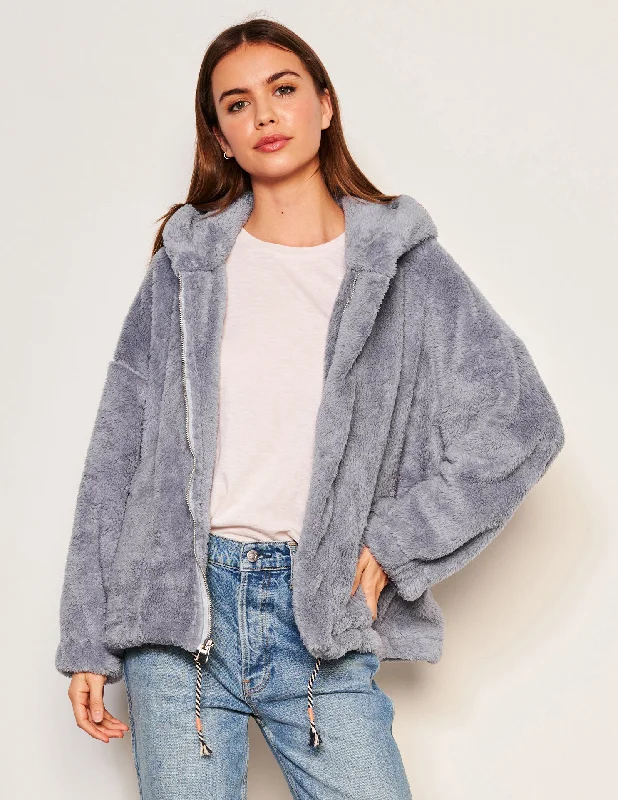 Casual Denim Jacket-Sundry Sherpa Hooded Coat in Blue Linen