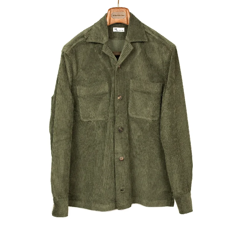 Retro Windbreaker Jacket-Aabba camp collar shirt jacket in olive green irregular wale cotton corduroy