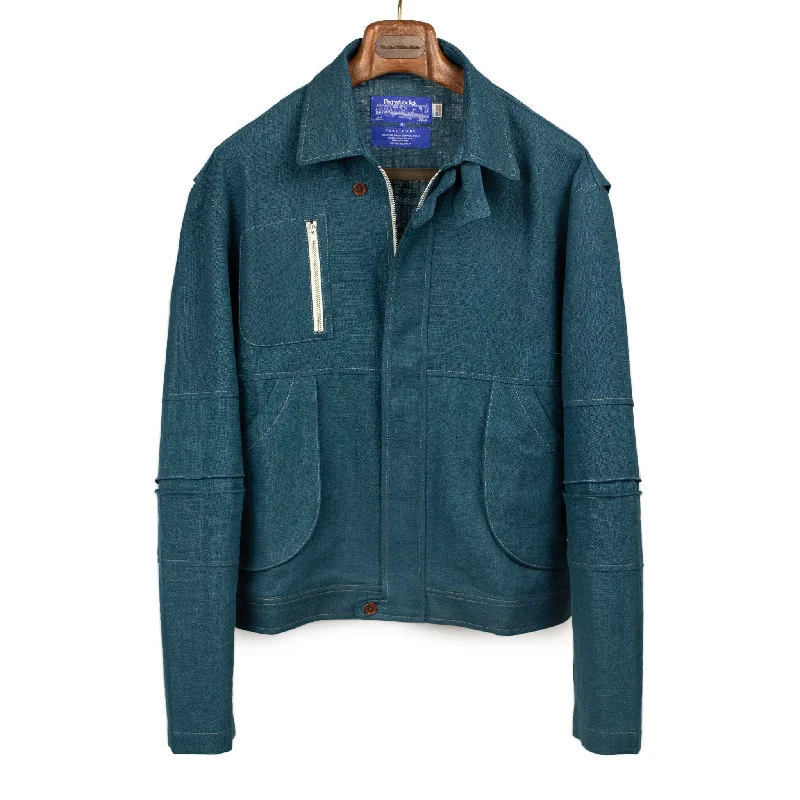 Rugged Outdoor Jacket-Pine Blouson in petrol blue linen sack cloth