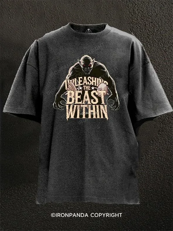 90s Graphic T-shirt-unleash the beast within devil Washed Gym Shirt