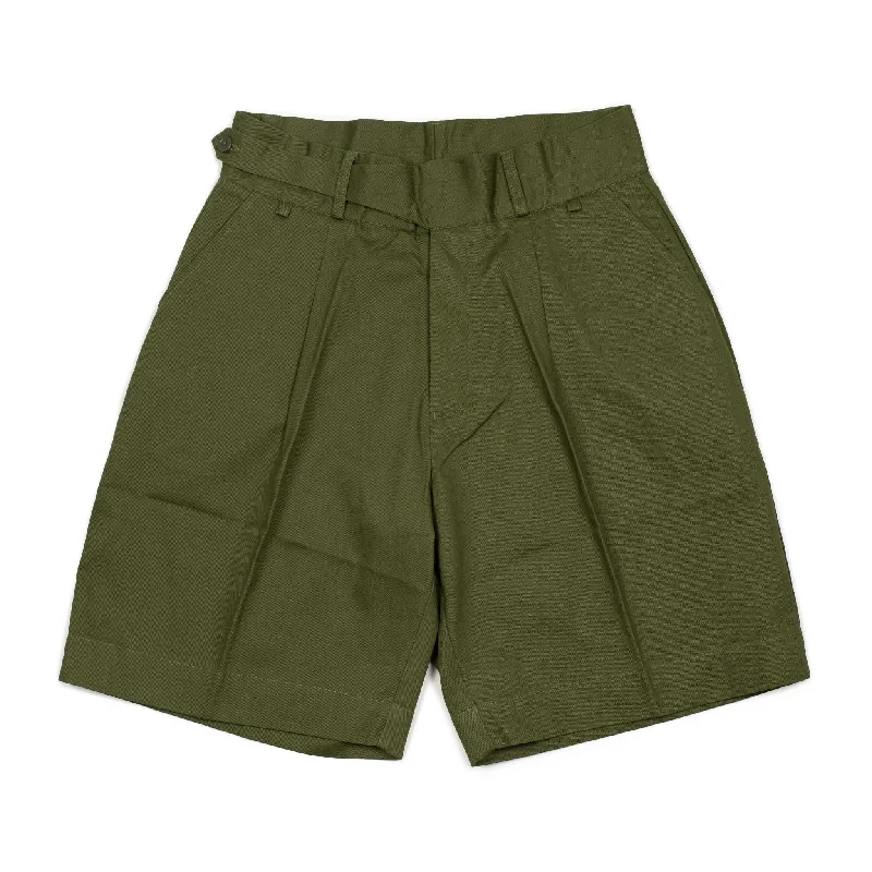 Graphic Print Beach Shorts-Pleated ghurka-style shorts in olive green cotton twill