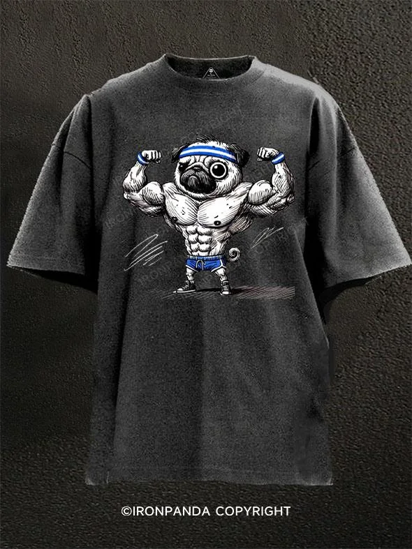 T-shirt For Streetwear Fashion-Funny muscle Pug Washed Gym Shirt