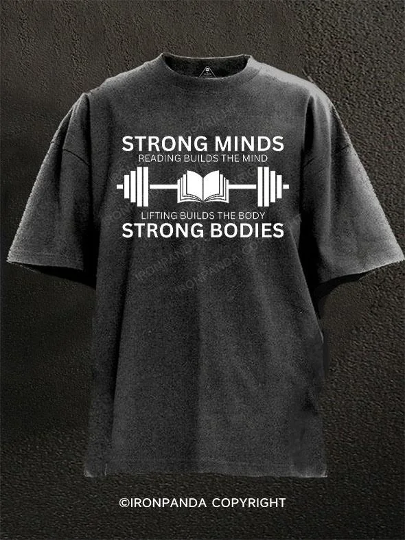 Black Graphic T-shirt-Strong Minds, Strong Bodies Washed Gym Shirt