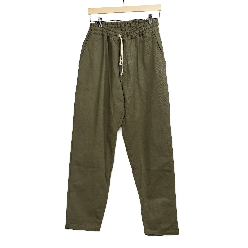 Classic Formal Pants-Drawstring Deck trousers in olive cotton twill