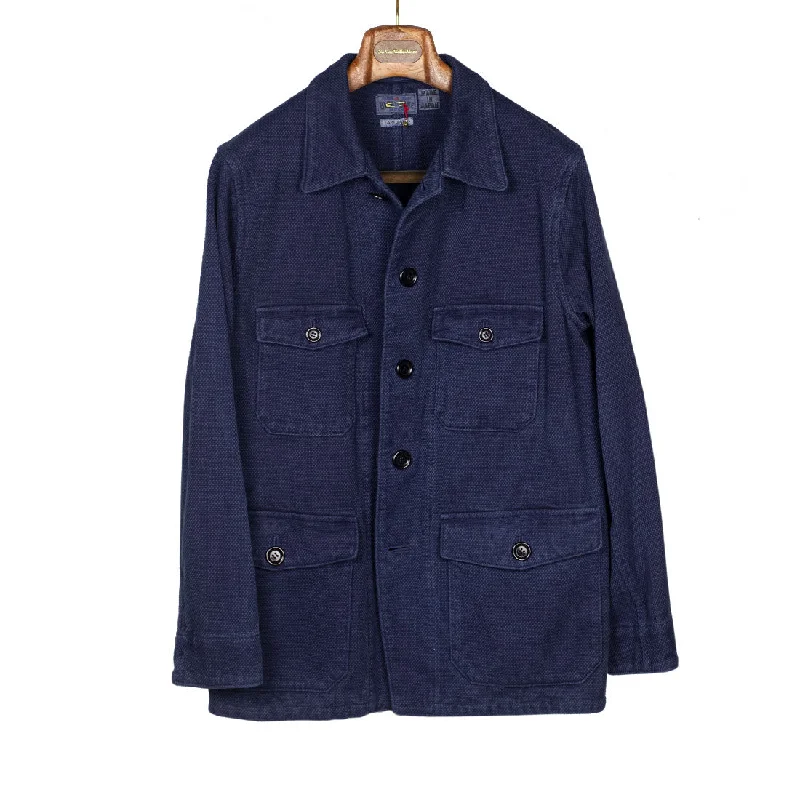 Casual Denim Jacket-Hunting jacket in hand-dyed indigo cotton sashiko