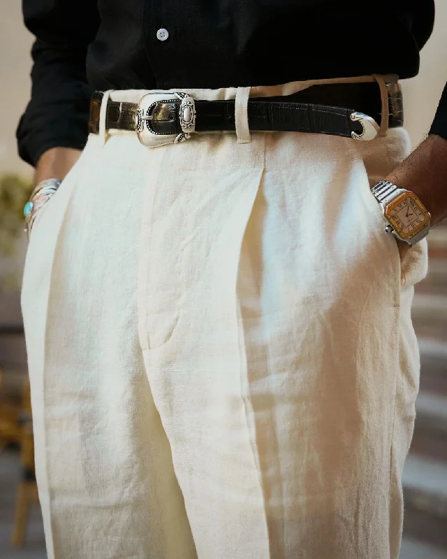 Custom Embroidered Joggers-Pleated Cream Linen Pant