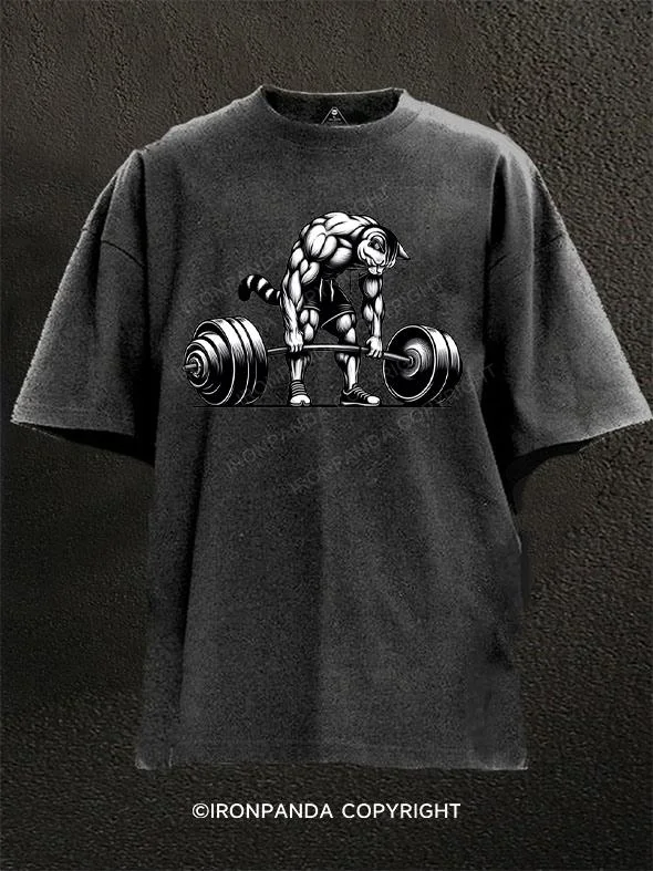 T-shirt With Pop Culture Prints-Dead Lift Meowscles Cat Washed Gym Shirt