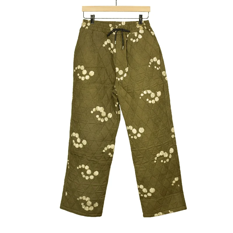 Soft Stretch Denim Pants-Ikeja quilted easy pants in moss green fractal dot print cotton