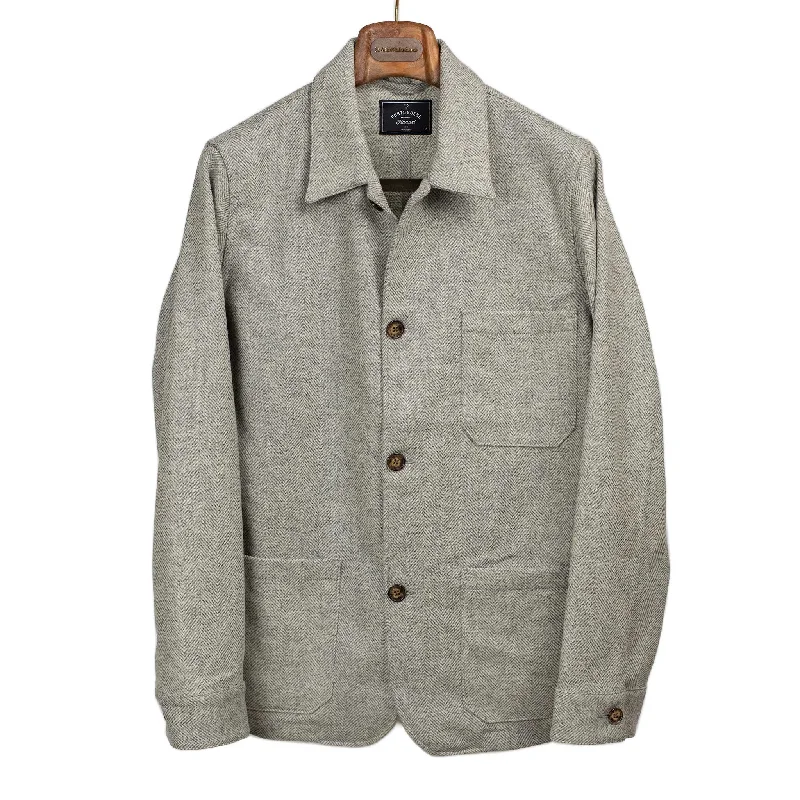 Waterproof Mountain Jacket-Labura chore coat in grey and cream herringbone brushed wool