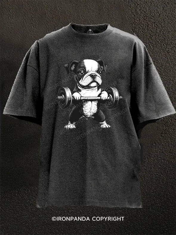 Street Style T-shirt-Weightlifting Boston Terrier Puppy Washed Gym Shirt