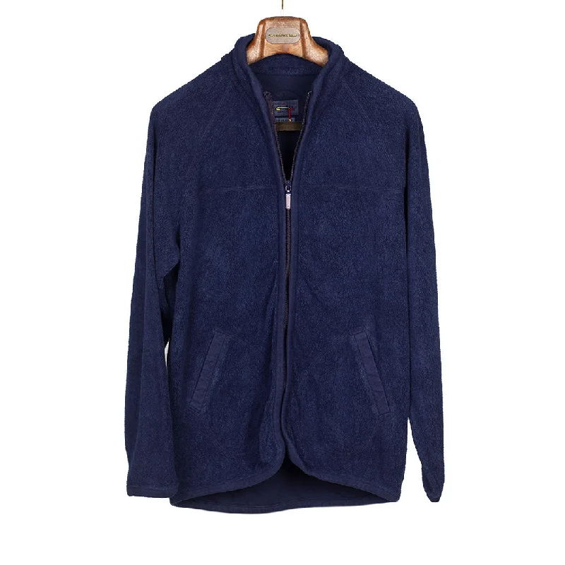 Classic Car Coat Jacket-Stand collar zipped jacket in hand-dyed indigo cotton fleece