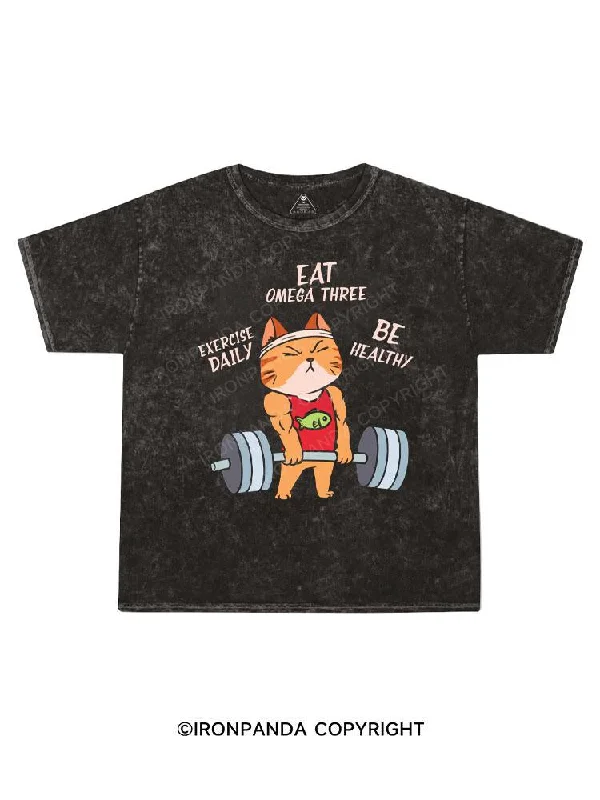 Retro Print T-shirt-Healthy - Cat Kids Washed T-Shirt