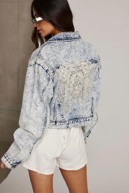 Winter Insulated Jacket-Chevall Rhinestone Embellished Denim Jacket