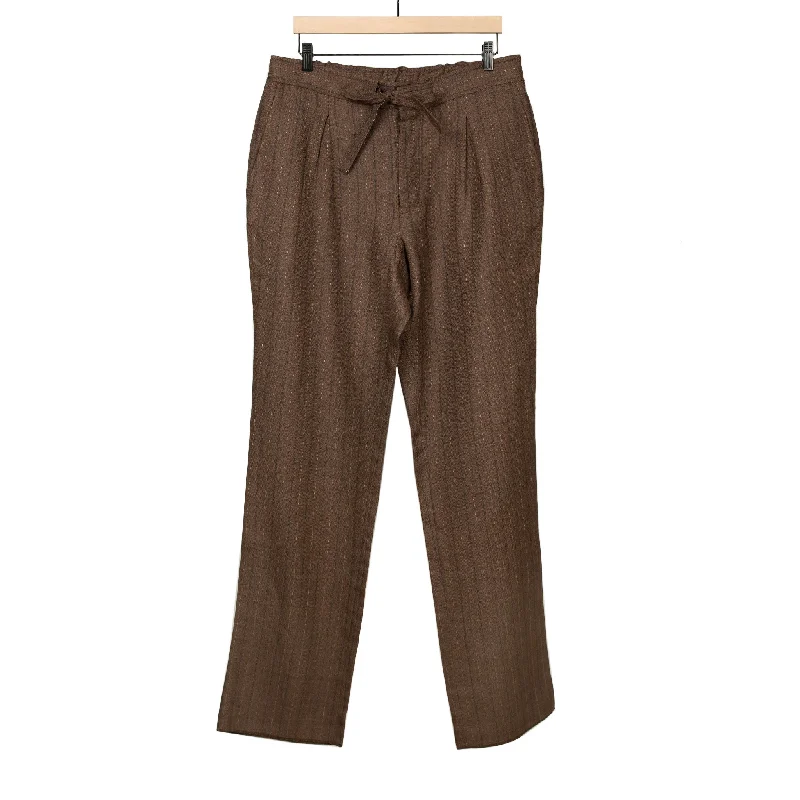 Comfortable Running Pants-x No Man Walks Alone: Drawstring easy pants in deadstock chocolate multistripe linen mix herringbone