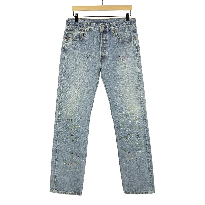 Stylish Pleated Pants-Vintage Levis 501 jeans with embroidered paint splatter, light wash