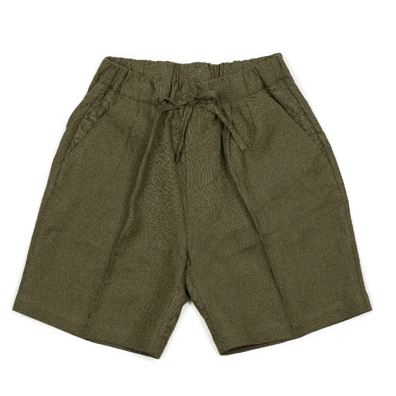 Comfortable Hiking Shorts-Pleated drawstring shorts in olive midweight linen (restock)