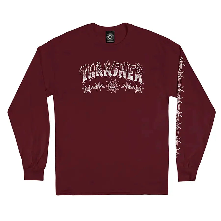 Oversized Graphic T-shirt-Thrasher Magazine Barbed Wire Logo Long Sleeve T-Shirt - Maroon